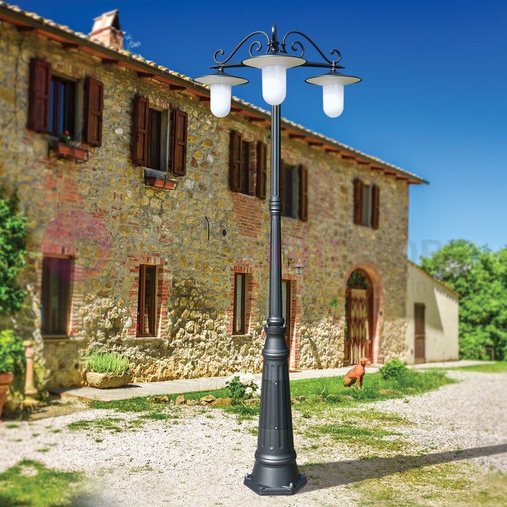 Kairos Antracite Lampione H.230 A 3 Luci Da Esterno Giardino Con Piattini D.30