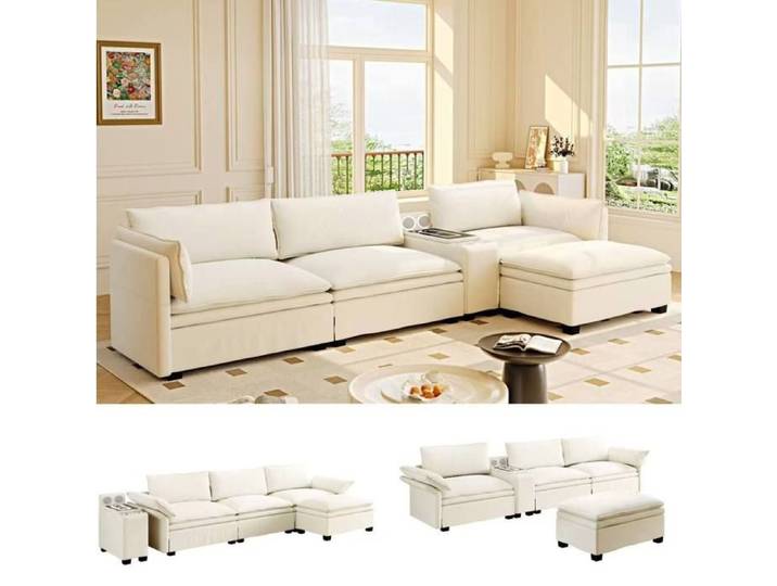 ROVRYN Canape d angle modulaire 4 places 315 cm en chenille avec ottoman mobile beige et blanc