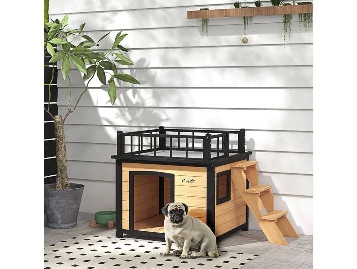 PawHut Niche pour chien avec terrasse sur le toit, résistante aux intempéries, bois, 121x77x78cm, noir/jaune