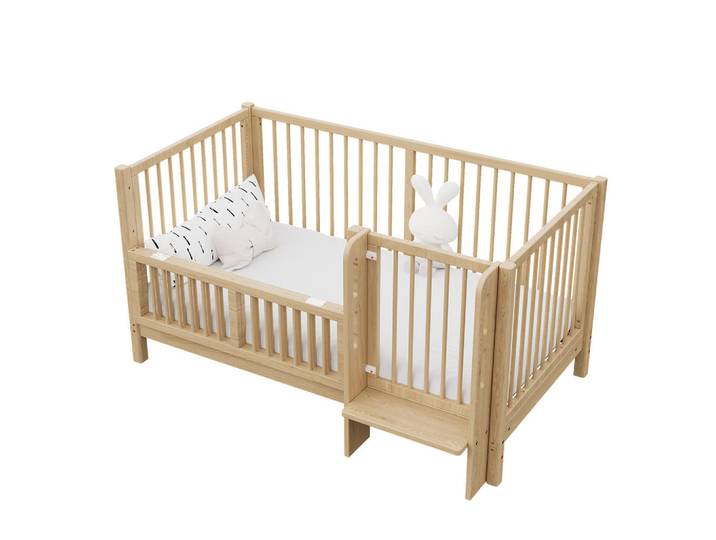 Evryae Kinderbett 140/70/80 mit Schutzgeländer, Trittstufe und Sicherheitsverschluss, Naturfarben, 70x140 cm, Babymöbel & Kindermöbel, Kinderzimmer & Jugendzimmer, Kinderbetten