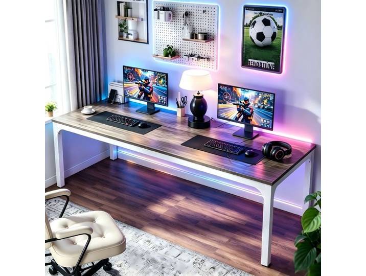 Bureau Gaming 200x70x75 cm Grande Surface de Table Gaming Ergonomique Grand bureau d'ordinateur Gamer - Gris