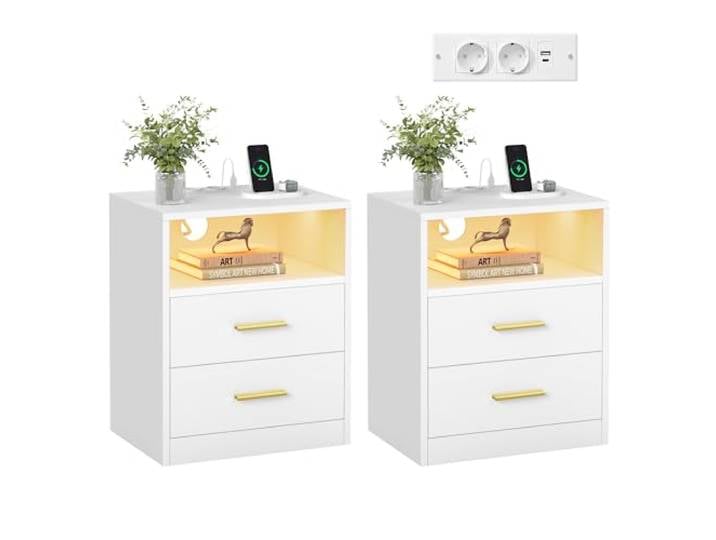 VASAGLE Nachttisch mit Ladestation, LED-Beleuchtung, Schubladen Beistelltisch, modern, 2 AC-Steckdosen und USB-Anschlüssen, Wolkenweiß, CUSTOS Kollektion LET829WB01