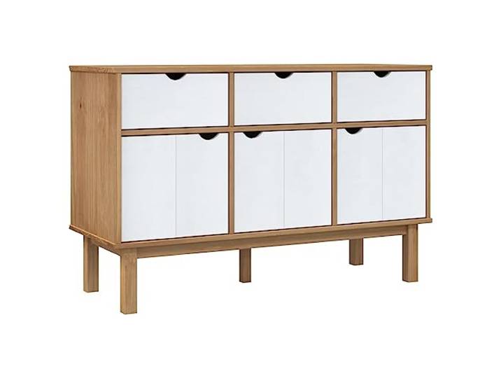 PUGYNBK OTTA Sideboard aus massivem Kiefernholz, 114 x 43 x 73,5 cm Skandinavischer Stil, 3 Schubladen und 3 Türen, robuste Oberfläche für Dekoration