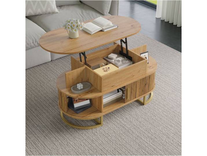 MEUBLIV Table basse ovale relevable 100 cm MDF naturel rangements et 2 portes coulissantes