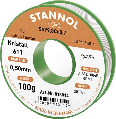 Stannol Kristall 611 Fairtin Lötzinn, bleifrei bleifrei Sn99,3Cu0,7 REM1 100g 0.5mm