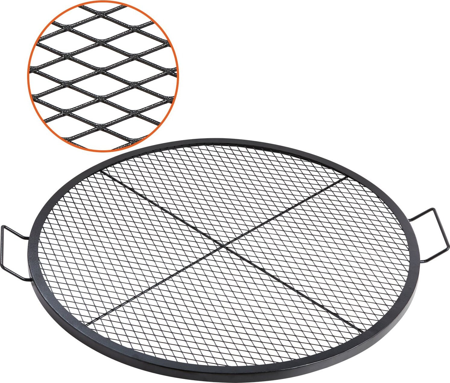 X-Marks grillrooster voor open vuur met handgreep en verstevigingsdraad, zwart, Ø 910 x 25 mm