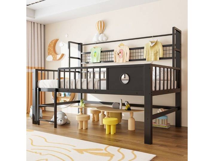 Lit enfant 90x200 cm bas avec cadre métallique et étagères pour enfants et adolescents noir