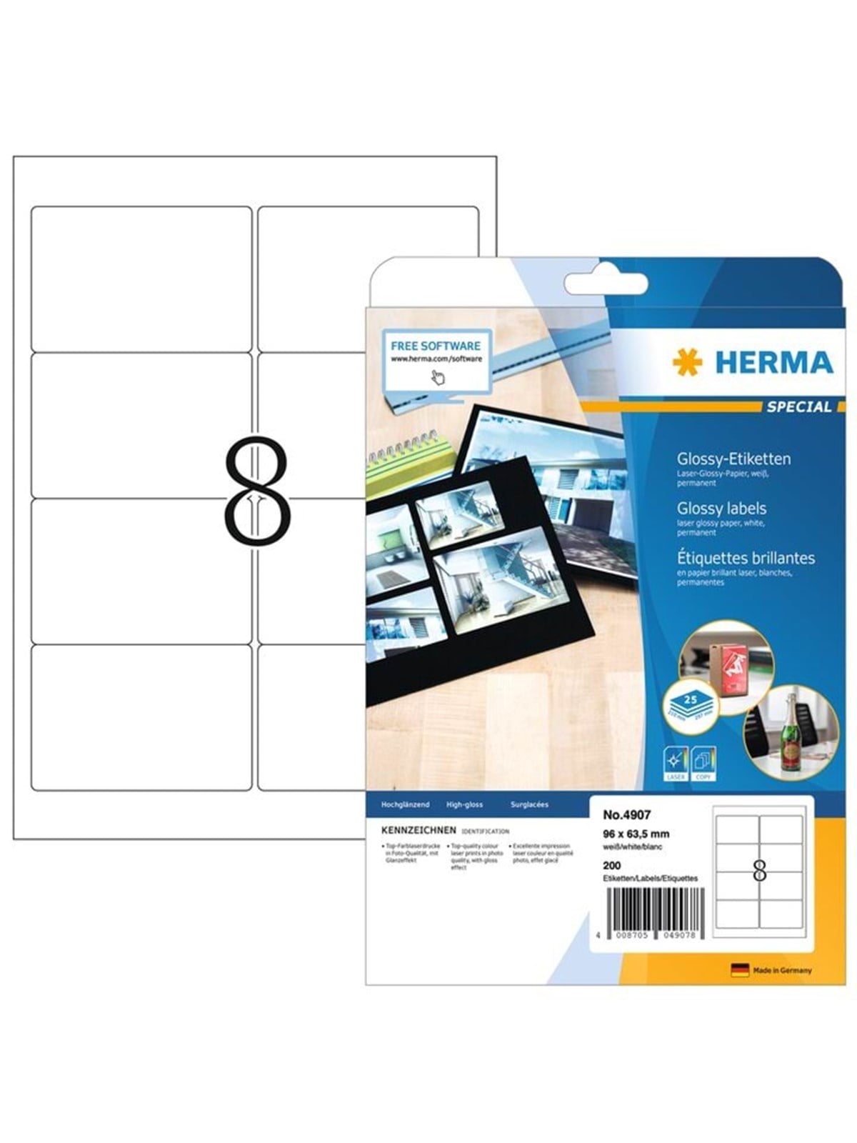 HERMA Hochglanz-Etiketten A4, 96 x 63,5 mm, weiß, permanent haftend, Laserdrucker