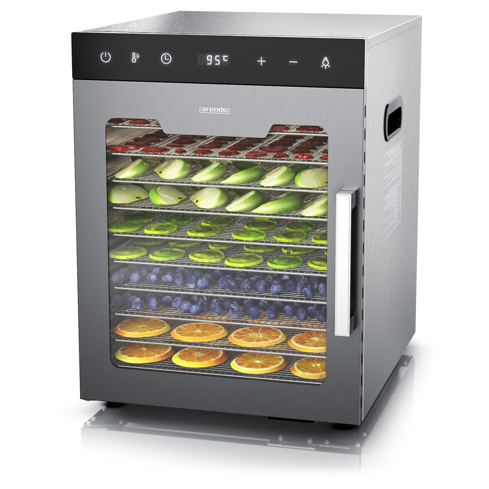 Arendo Dörrautomat Edelstahl, Temperaturregler von 30° bis 90°C, Dörrgerät, Dehydrator, 800 W, 10 Etagen, Obst, Fisch, Fleisch Dörrapparat