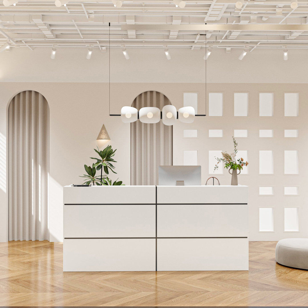 Brayden Studio 220cm White 2-Person Reception Desk with Storage, Dual-Level Office Counter