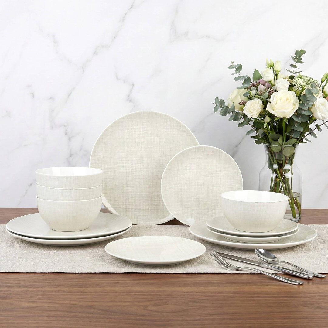 Waterside 12pc Linen Texture Porcelain Pad Print Dinner Set Beige
