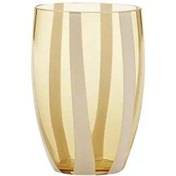 Zafferano Gessato Set aus 6 bernsteinfarbenen, mundgeblasenen Glasbechern, handgefertigtes Design mit vertikalen weißen Zierstreifen, elegant und modern