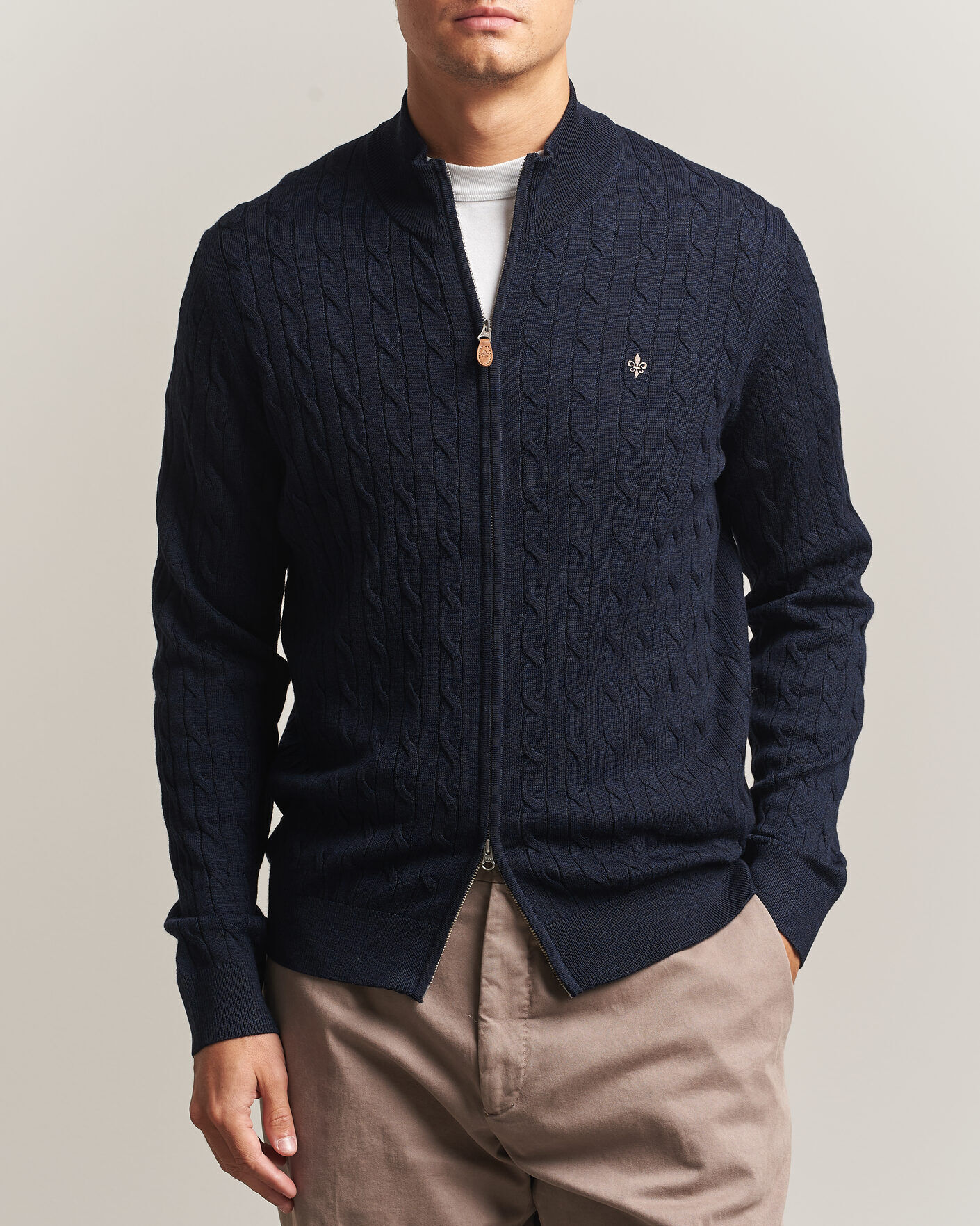 Morris Merino Cable Zip Cardigan Navy men M Blå