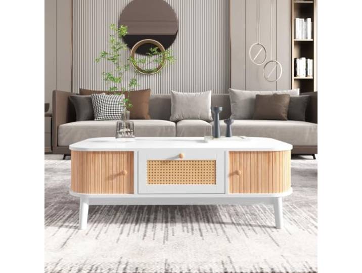 LOBO OFFICE Couchtisch mit Stauraum,Schubladen Schranktüren für Wohnzimmer Harmonische Kombination aus hellem Weiß, natürlichem Holz und handverarbeitetem Rattan, sorgt für gemütliche natürliche Atmos