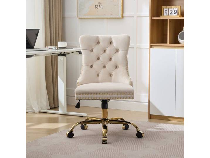 Chaise de bureau-WELLTIN - Fauteuil pivotant et réglable - Capitonné - Pied métal doré - Télétravail-beige