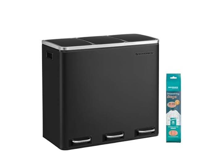 SONGMICS Poubelle Cuisine\, 3 x 18 L\, 3 Compartiments\, Pédales\, Acier Poubelle de Tri\, Couvercles à Fermeture en Douceur\, Seaux Intérieurs\, Collection ISLAND LTB54BK