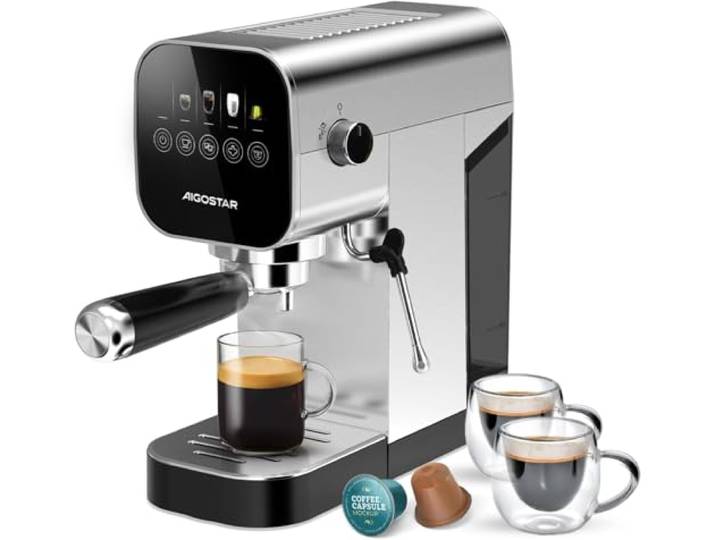 Aigostar Espresso Siebträgermaschine 20 Bar für Kapseln & Kaffeepulver Touchdisplay, Milchaufschäumer, 1 oder 2 Tassen, 0,9 L Wassertank, 1350 W, Edelstahl, ideal für Cappuccino und Latte
