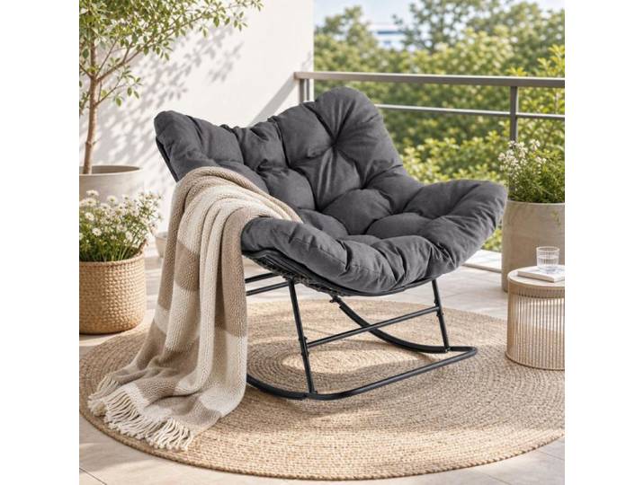 Fauteuil berçant Papasan grand format chaise‑œuf métallique coussin épais gris charge 204 kg pour salon balcon