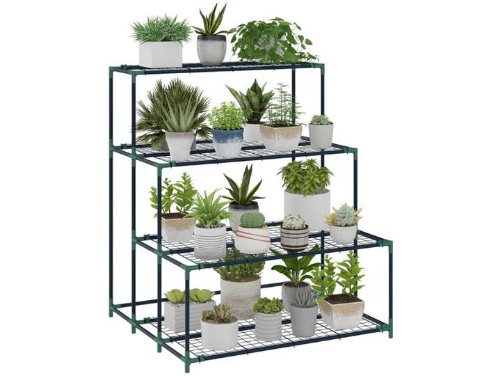 Support pour plantes 4 niveaux structure en métal renforcée vert pour intérieur et extérieur