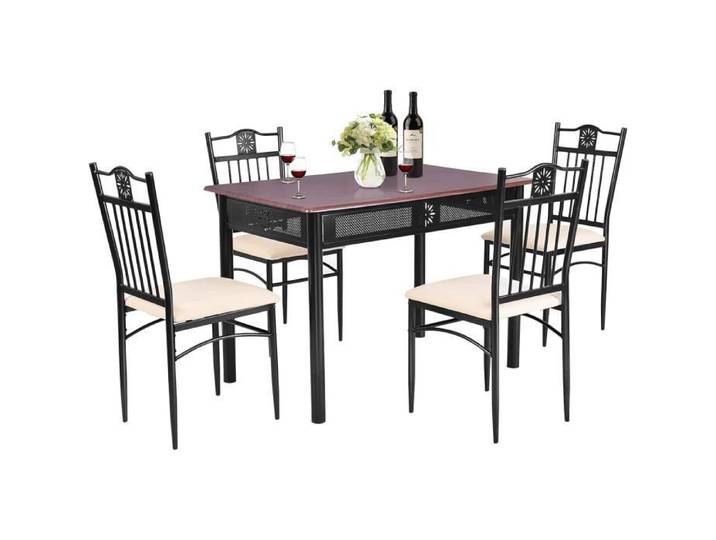 COSTWAY Ensemble Table de Cuisine avec 4 Chaises Rembourrées Souples Cadre en Métal Laqué Marron
