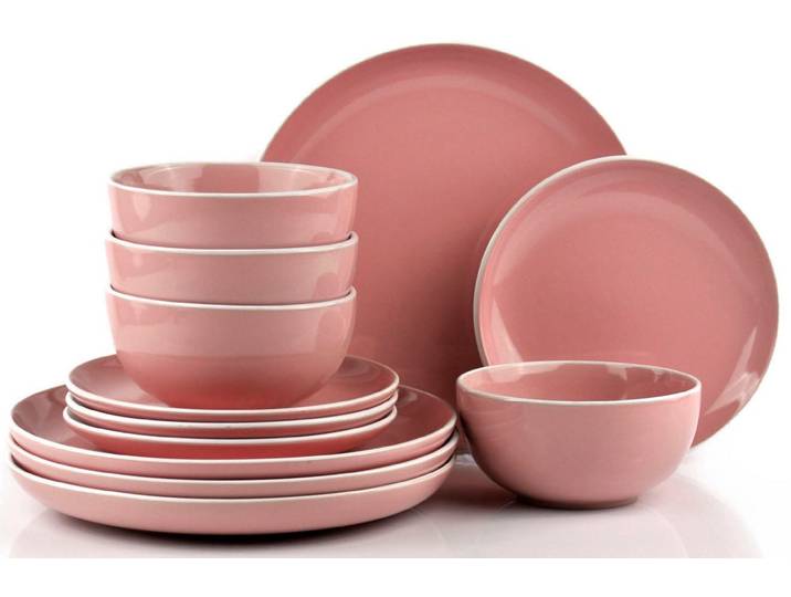 Tafelservice RETSCH ARZBERG Geschirr-Set, Service HALO BUBBLE GUM , rosa (rosa, weiß), 12 Stk., Steinzeug, Geschirr-Sets, Tafelservice, Teller Set, Klare Farben und Klare Formen - 12 Teile, für 4 Personen