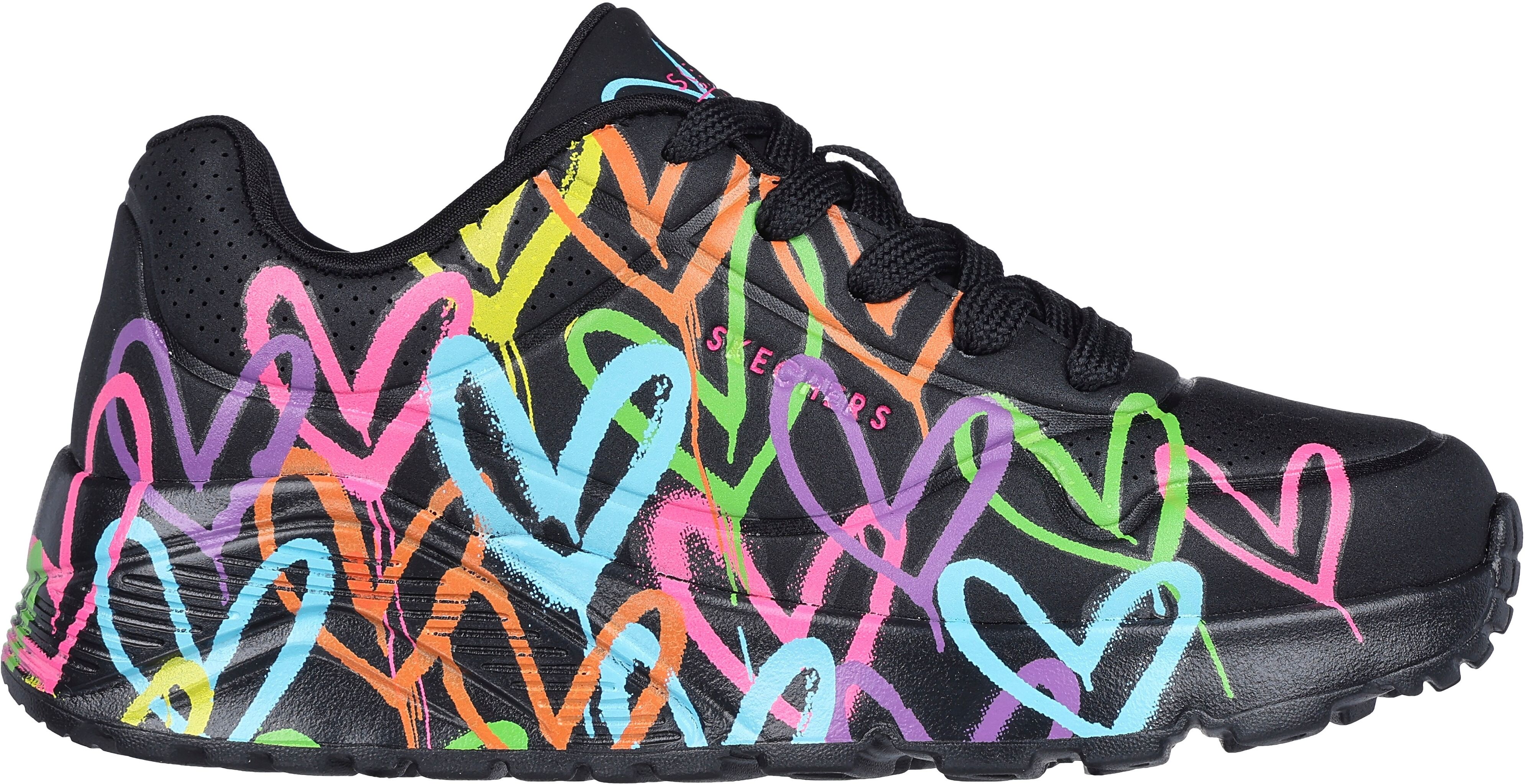 Sneaker SKECHERS "JGoldcrown: Uno Lite - Spread the Love", Mädchen, Gr. 30, Textil, bunt (schwarz, multi), Lederimitat, Schuhe Sneaker, Chunky Sneaker, Pleatausneaker, Retro Sneaker mit allover Print schwarz, multi 30, Textil