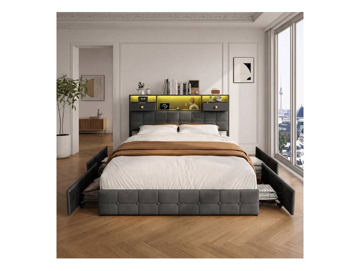 Furnishings Home Polsterbett Doppelbett LED Stauraumbett mit Schubladen (Mit Komforthöhe Lattenrost, Leises Design Bett), Modernes Jugendbett, Leises Design Bett, Max. Belastbarkeit 350 kg