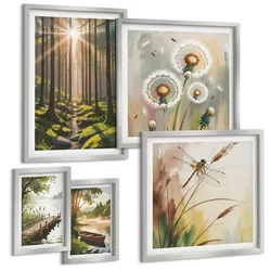 BILDER SET 5er Set - 50x50 cm & 20x30 cm & 40x60 cm Silberner Rahmen - See, Wald, Boot, Morgennebel