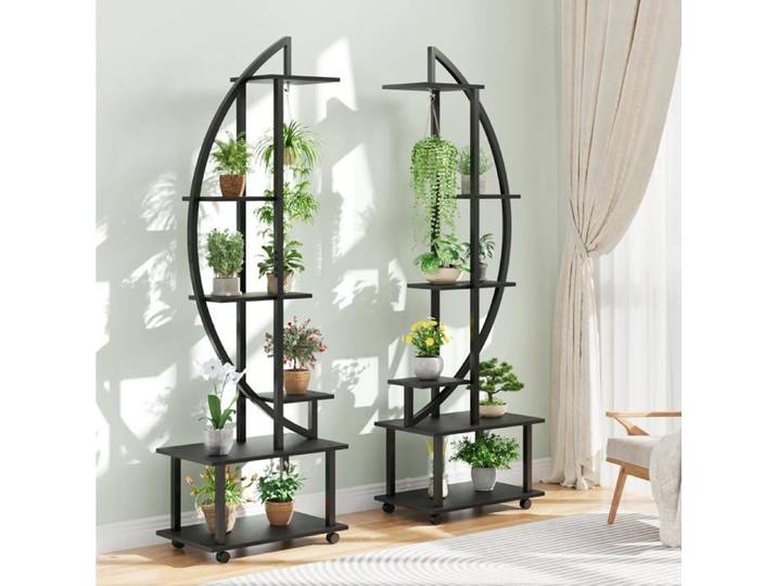 Support pour Plantes à 6 Niveaux avec roues - en bois - Forme Demi-lune - Étagère à Fleurs - Décoration Jardin 55x30x170cm Noir