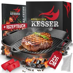 KESSER® Gusseisenpfanne   Gusseisen Bratpfanne Induktion   Cast Iron Pan für Gasgrill, Backofen, Kohlegrill   Steakpfanne voreingebrannt   Inkl. Schutzgriffe, Rezeptbuch und Ringreiniger
