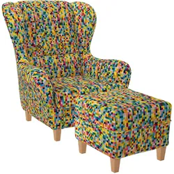 Supellex Sofia Ohrensessel mit Hocker   Design Pixel, kariert, bunt fancy
