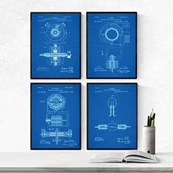 POSTER Set mit 4 Blau Patenten Strom A4 Schwarzer Rahmen