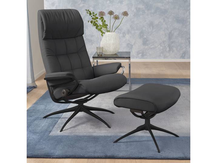 Relaxsessel STRESSLESS London , schwarz (schwarz batick), B:80cm H:116cm T:71cm, Leder BATICK: durchgefärbtes und genarbtes Möbelleder;Leder PALOMA: durchgefärbtes Semianilin-Möbelleder;ROHLEDER Stoff Q2 FARON (100% Polyester im Flor, Grundgewebe: 50% Polyester, 50% Polyacryl), Sessel, Relaxsessel, mit Hocker, High Back, mit Star Base, Gestell Schwarz