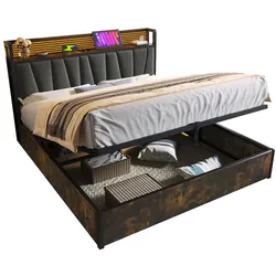 Merax Polsterbett Metallbett LED App-Control Doppelbett mit aufladen USB und LED-Beleuchtung, Metallbett 180x200cm, Holz