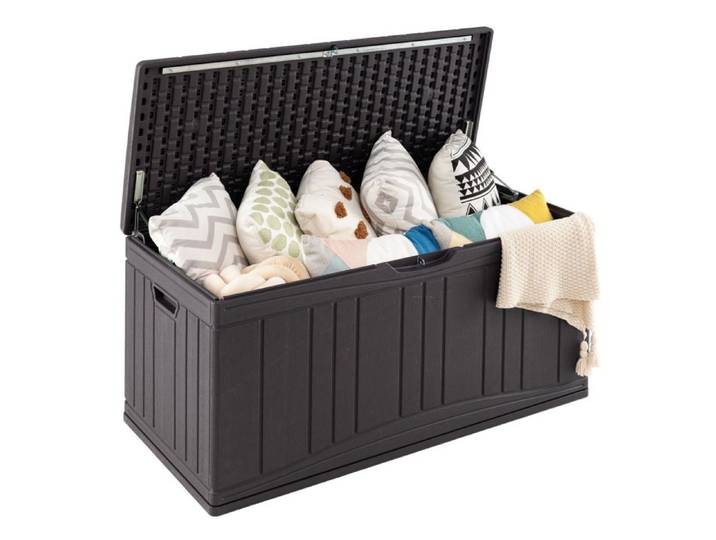 COSTWAY Coffre de Rangement Extérieur 300 L en HDPE Malle de Jardin avec Vérins & Couvercle Verrouillable Marron