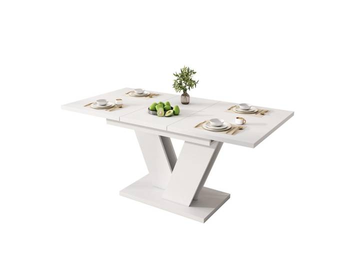 Modfu Esstisch aus MDF 160x80x75 cm Weiß ausziehbar mit V-förmigen Metallbeinen, 80x75x160 cm, Esszimmer, Esstische