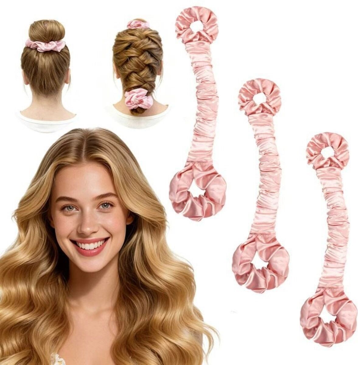 INF Hitzefreier Satin-Lockenwickler – Über Nacht sanfte Wellen, Schlaffreundliches Design, 28cm Rosa