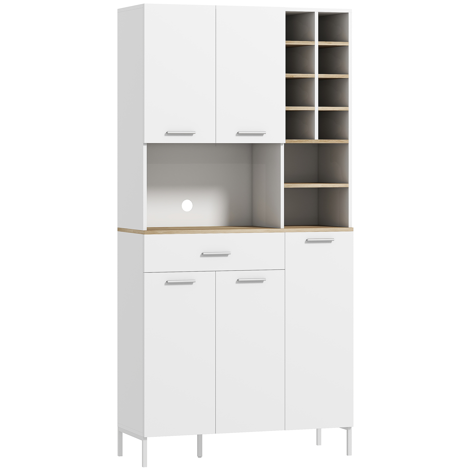 Homcom Armadio da cucina con ripiani aperti, scomparti, portabottiglie, armadio dispensa con 5 ante, MDF, Bianco   Aosom Italy