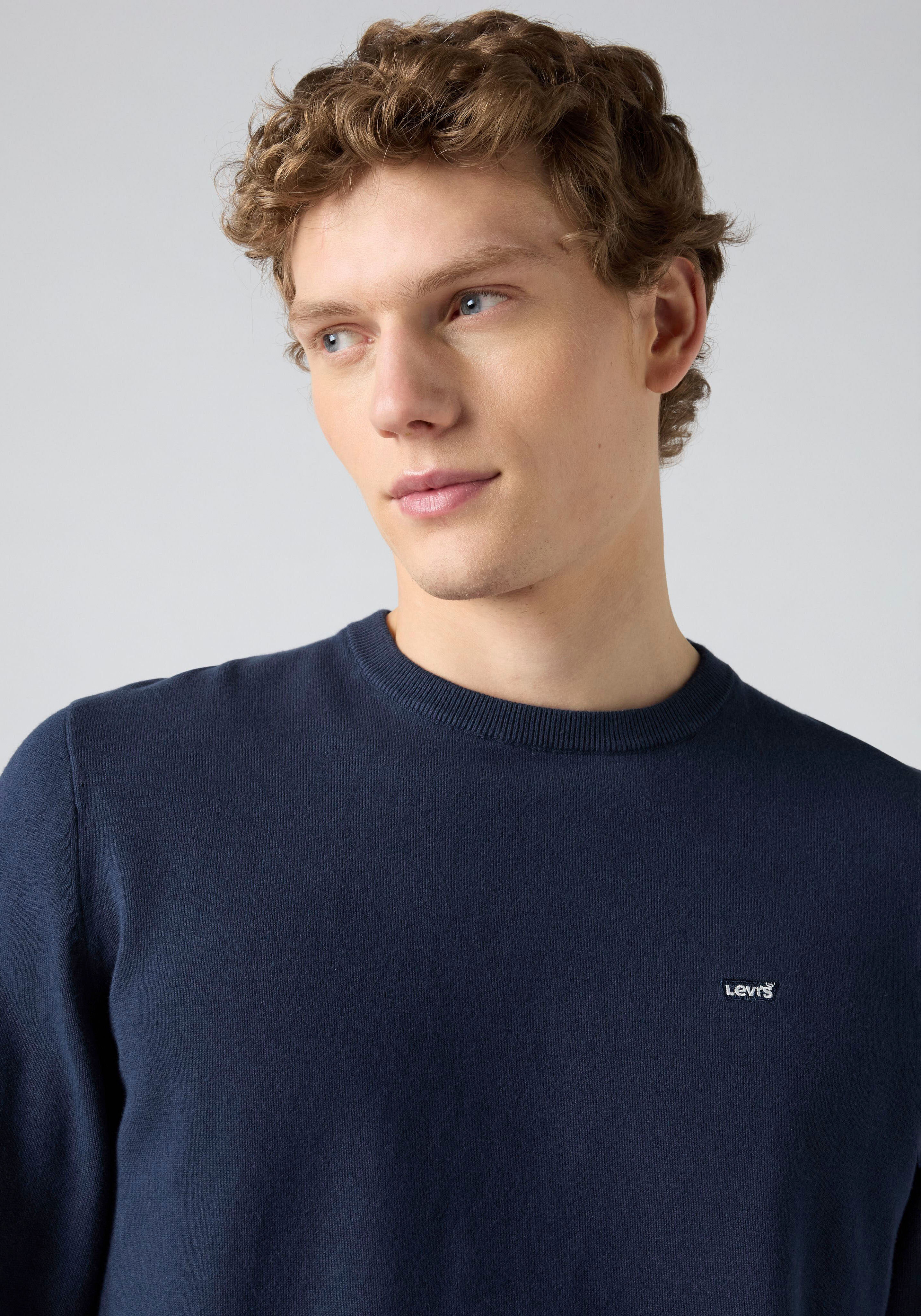 Rundhalspullover LEVI'S "LIGHTWEIGHT HM SWEATER", Herren, Gr. S, blau (naval academy), Strick, Obermaterial: 100% Baumwolle, regular fit normal, Rundhals, angesetztes Bündchen, Pullover Rundhalspullover, Feingerippte Abschlüsse naval academy S
