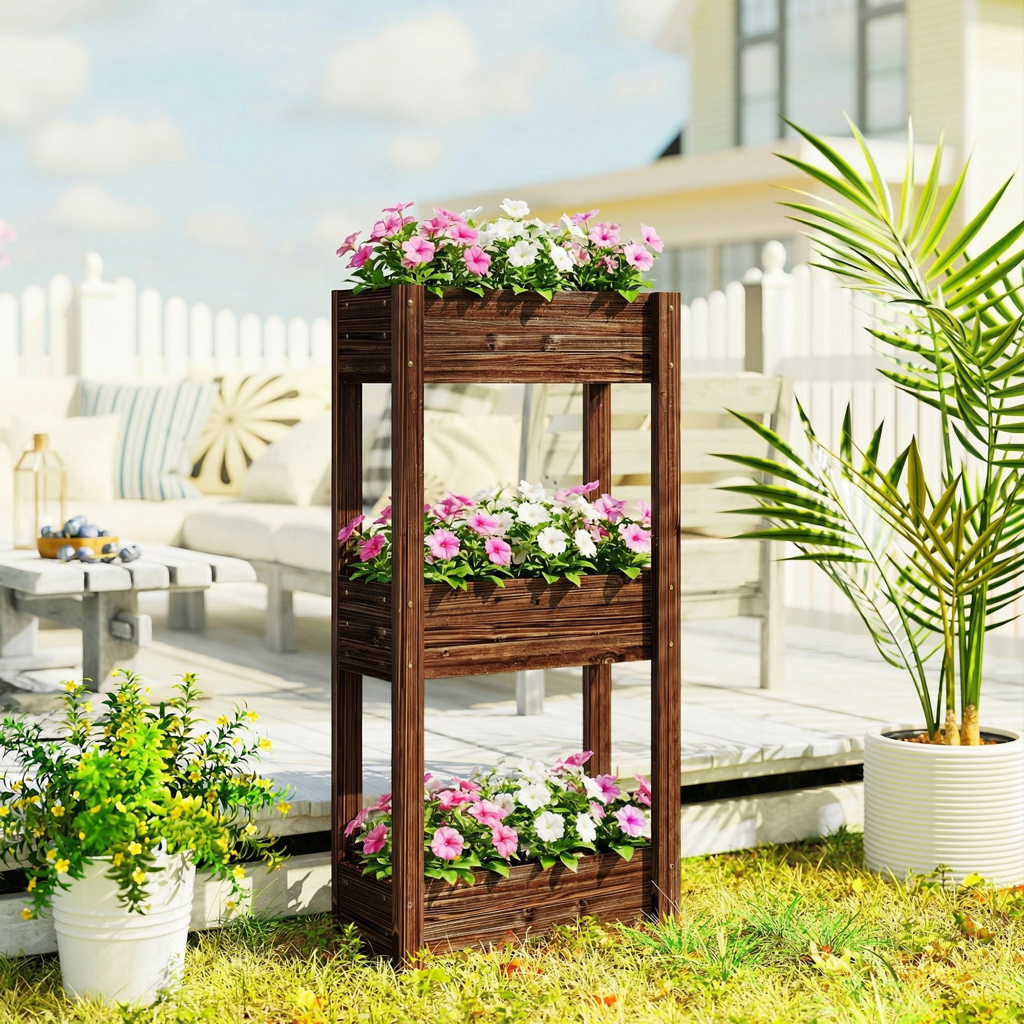 Outsunny Fioriera rialzata 3 livelli con drenaggio e fodera, 60x25x120 cm, Marrone   Aosom Italy