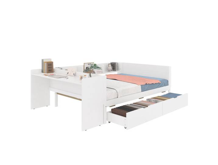 Flieks Flachbett 140x200cm Weiß Holz Schreibtisch 2 Schubladen Regale, 140x200 cm, Schlafzimmer, Betten