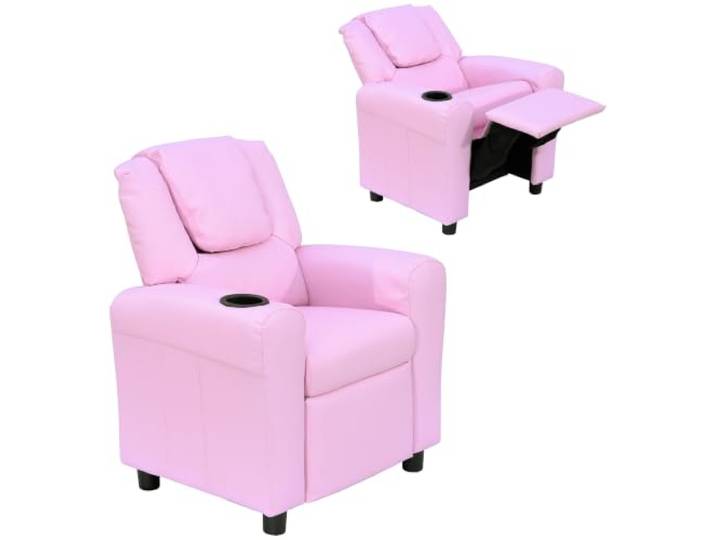 HOMCOM Kindersofa mit Fußstütze Armlehne Getränkehaltern 3-6 Jahre Rosa Verstellbare Rückenlehne, Kindersessel, Liegecouch, Kindercouch, Relaxsessel, Kinder Sofa, Jungen Mädchen