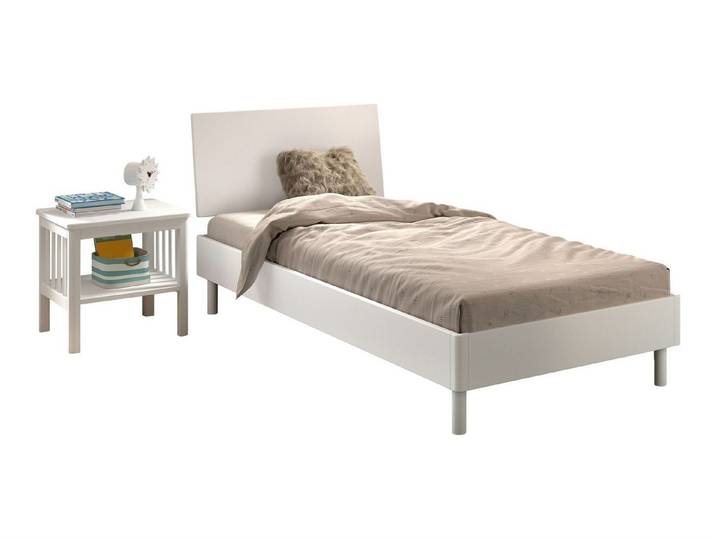 58 aufm Kessel Jugendzimmer-Set Einzelbett Set 90x200 Keeley Buche Bett Weiß Massivholz Konsole, (inkl. Versand, Lieferung bis Verwendungsstelle), Bettset mit Kopfteilpaneel und passender Nachtkonsole