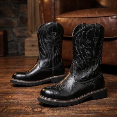 LightInthebox Men's Dark Brown Work Boots, Round-Toe Pull-On Mid-Calf Boots with Rugged Lug Sole for Working Men, Construction, Ranch Work, Outdoor Jobs and Everyday Wear