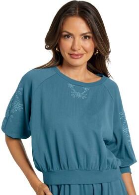 Masseys Serenity Embroidered Tee Casual in Washed Vintage Blue, Size Small, Cotton