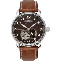 Zeppelin Herrenuhr 76664 - Braunes Ziffernblatt mit weißen,Leuchtzeigern,nachts leuchtenden Zahlen/Indices,braun,weiße Naht - 40mm