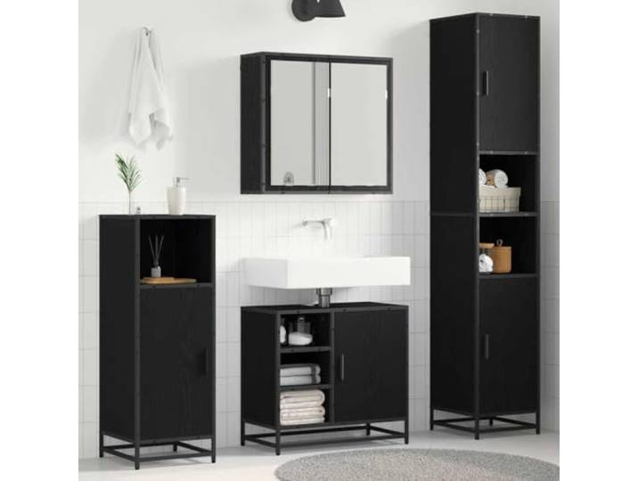 Badezimmermoebel-Set 3 Stk Schwarz Eichen-Optik Holzwerkstoff Wandschrank 3-teilig, schwarz Eichen-Optik, Holzwerkstoff, wandmontiert, viel Stauraum, pflegeleicht