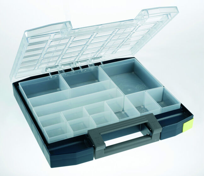 Mallette de rangement boxxser l.354xP323xH55mm 14 comp. avec grille profilée RAA ; raaco (134842 BLAU NEU)