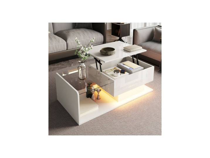 Table basse blanc brillant table d'appoint table basse avec verre et effets LED table basse avec plateau en verre