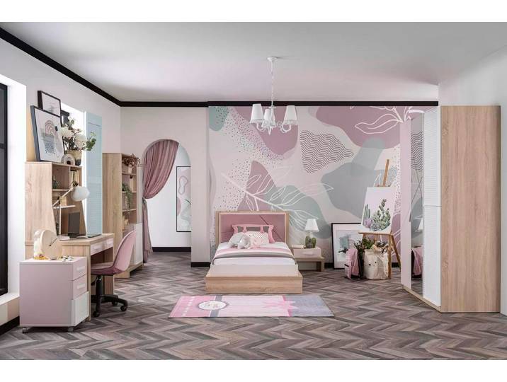 Xlmoebel Jugendzimmer-Set Rosa Holzbett mit passenden Möbelstücken für das Kinderzimmer, (7-tlg., Jugendzimmer-Set), Hergestellt in Europa